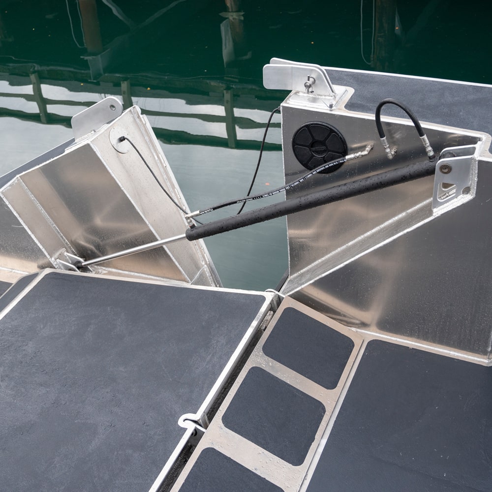 Hydraulic ramp of 36 foot aluminum landing craft boat manufactured Sidney BC British Columbia Canada by JR Marine