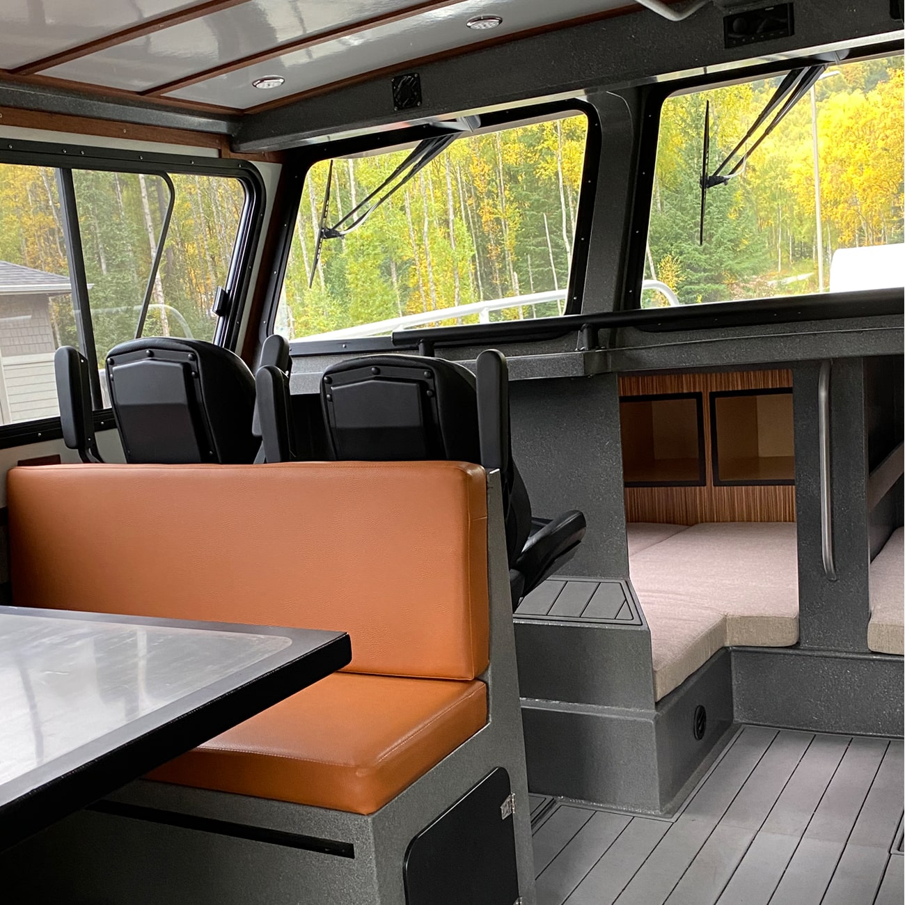 Interior of 36 foot aluminum Cuddy Cabin boat manufactured Sidney BC British Columbia Canada by JR Marine