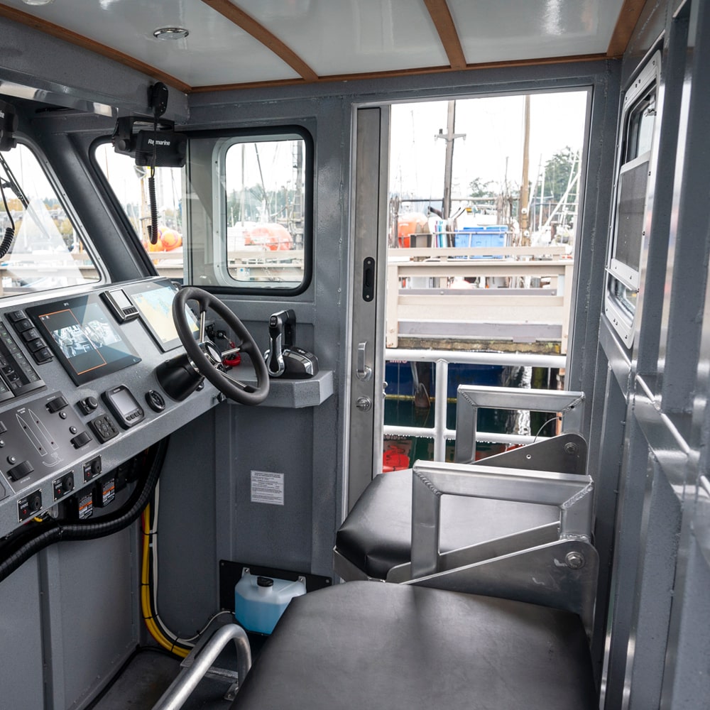 Steering and helm of 36 foot aluminum landing craft boat manufactured Sidney BC British Columbia Canada by JR Marine
