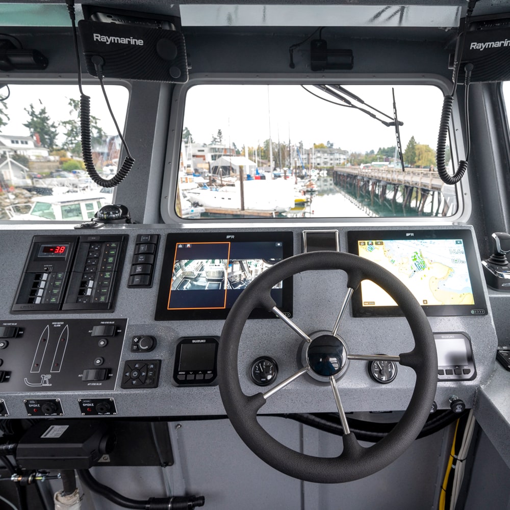Steering wheel of 36 foot aluminum landing craft boat manufactured Sidney BC British Columbia Canada by JR Marine