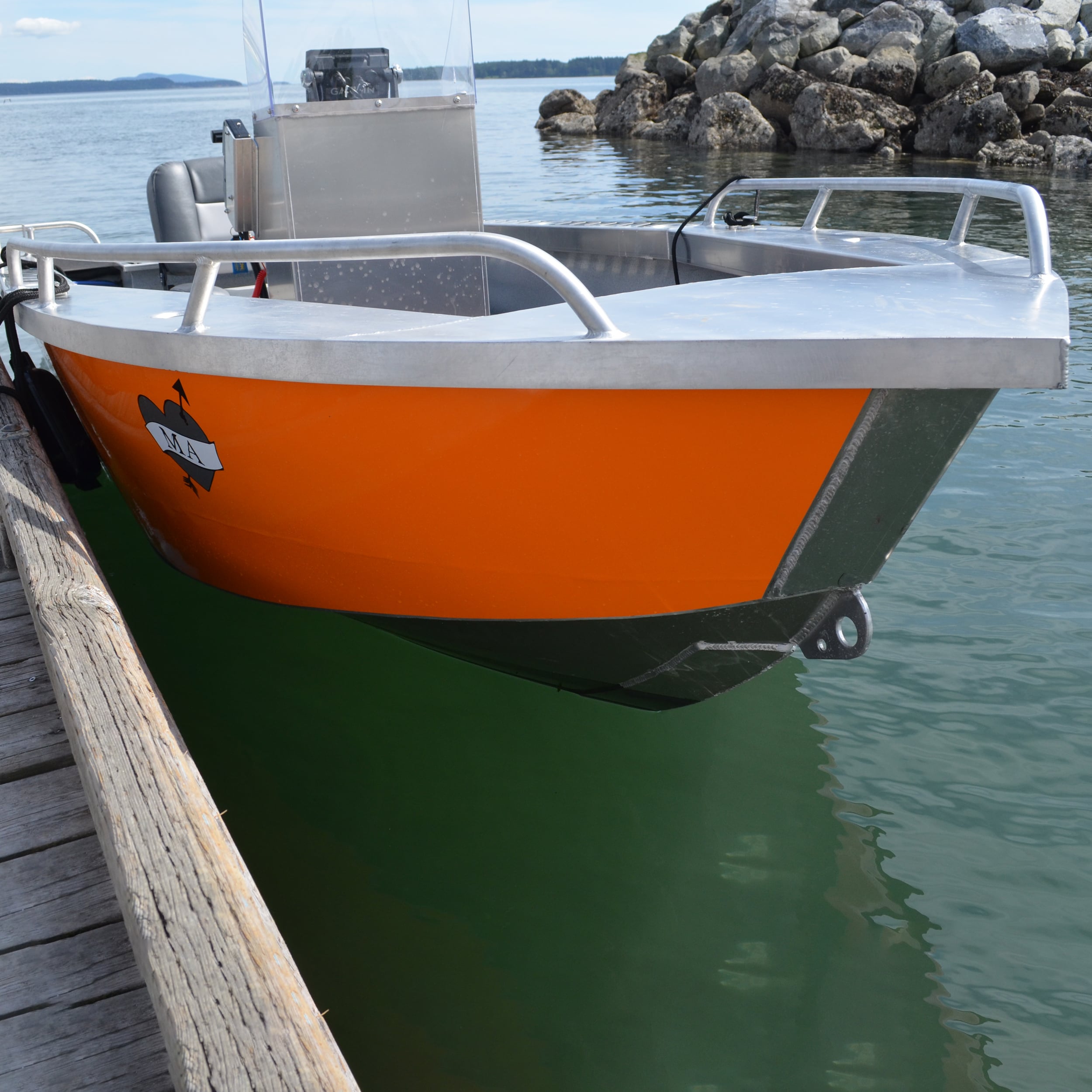 Bow of 16 foot aluminum boat manufactured Sidney BC British Columbia Canada by JR Marine